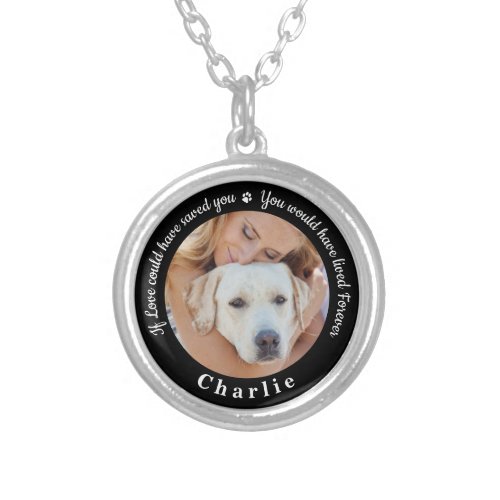 Custom Pet Memorial Sympathy Keepsake Dog Photo Silver Plated Necklace - Honor your best friend with a custom photo pet memorial necklace . This unique memorial keepsake is the perfect gift for yourself, family or friends to pay tribute to your loved one. This unique dog memorial necklace features a simple black and white design with decorative script.
Quote "If Love could have saved you, you would have lived Forever".
Customize with favorite dog, cat animal photo, name. 
COPYRIGHT © 2020 Judy Burrows, Black Dog Art - All Rights Reserved. Custom Pet Memorial Sympathy Keepsake Dog Photo Silver Plated Necklace