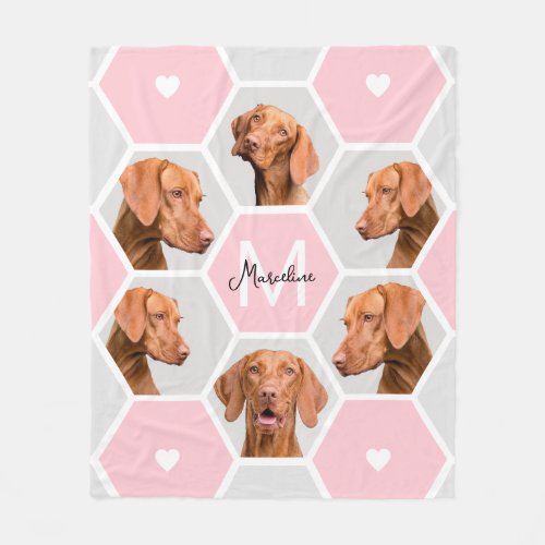 Custom Pet Monogram Geometric 6 Photo Collage Pink Fleece Blanket