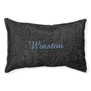 Custom Pet Name Black Botanical Blue Script Pet Bed