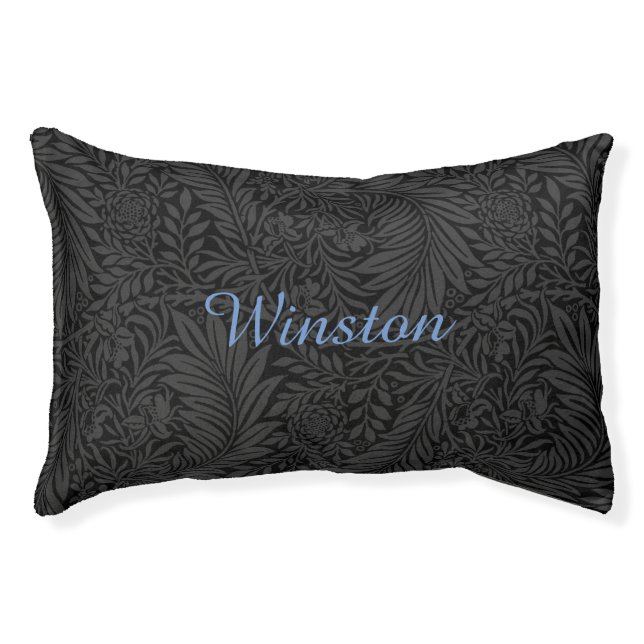 Custom Pet Name Black Botanical Blue Script Pet Bed (Front)