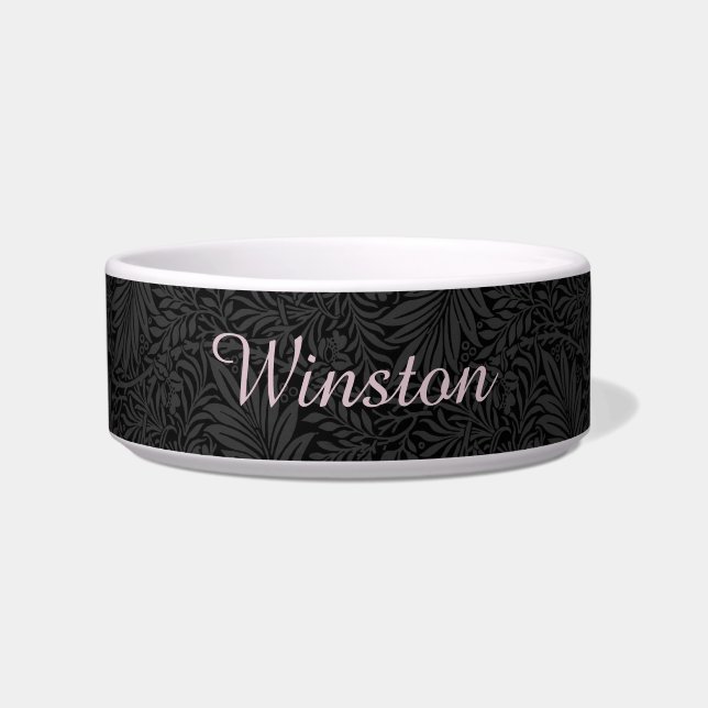 Custom Pet Name Black Botanical Blush Pink Script Bowl (Front)