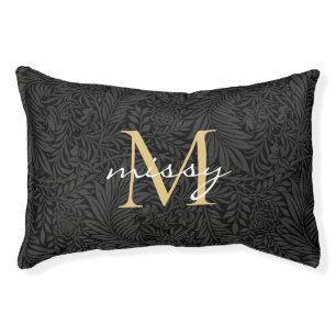 Custom Pet Name Black Botanical Gold Script Bed