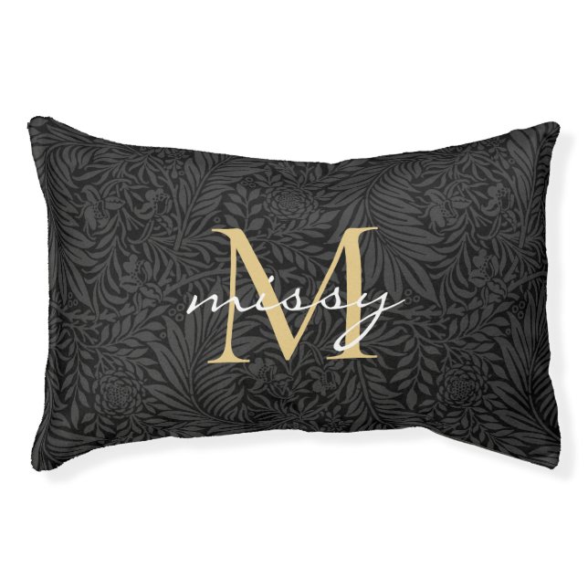 Custom Pet Name Black Botanical Gold Script Bed (Front)