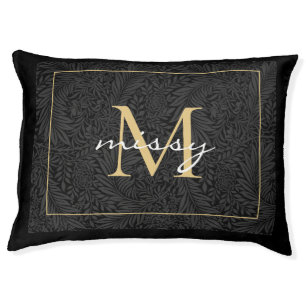 Custom Pet Name Black Botanical Gold Script Bed