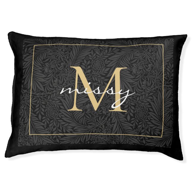 Custom Pet Name Black Botanical Gold Script Bed (Front)