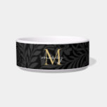 Custom Pet Name Black Botanical Gold Script Bowl<br><div class="desc">Modern Elegant Black Gold Floral Script Monogram Bowl with a monogram and script name.</div>