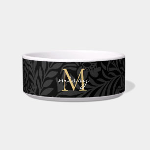 Custom Pet Name Black Botanical Gold Script Bowl
