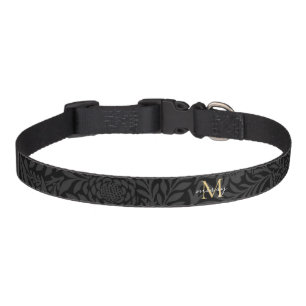 Custom Pet Name Black Botanical Gold Script Collar