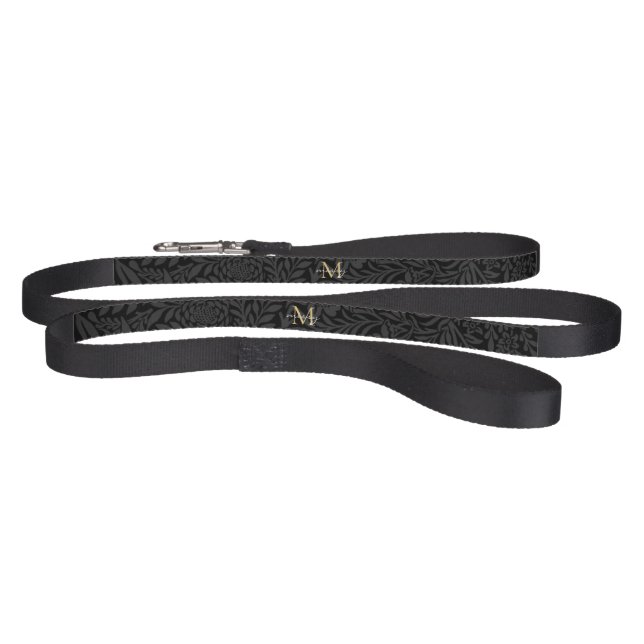 Custom Pet Name Black Botanical Gold Script Leash (Full)