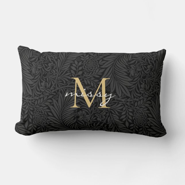 Custom Pet Name Black Botanical Gold Script Lumbar Pillow (Front)