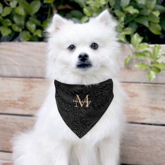 Custom Pet Name Black Botanical Gold Script