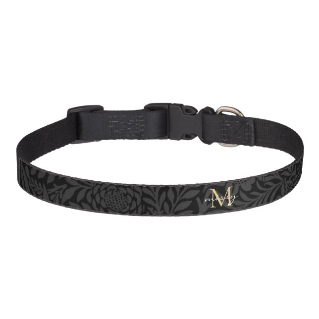 Custom Pet Name Black Botanical Gold Script Pet Collar (Front)