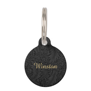 Custom Pet Name Black Botanical Gold Script Pet ID Tag