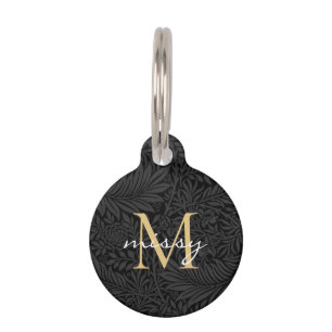 Custom Pet Name Black Botanical Gold Script Pet ID Tag