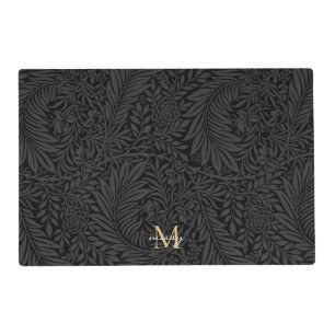 Custom Pet Name Black Botanical Gold Script Placemat