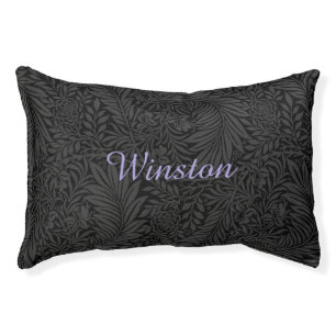 Custom Pet Name Black Botanical Lavender Script Pet Bed