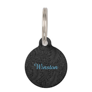 Custom Pet Name Black Botanical Sky Blue Script ID Tag