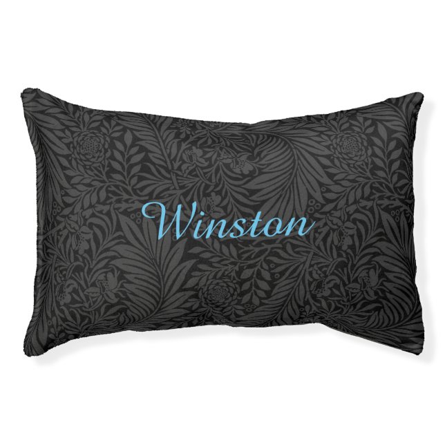 Custom Pet Name Black Botanical Sky Blue Script Pet Bed (Front)