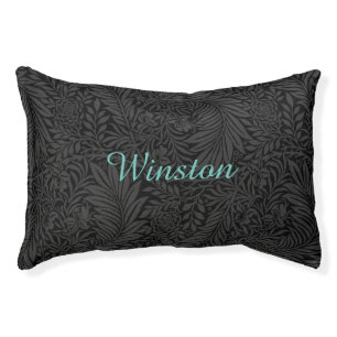Custom Pet Name Black Botanical Teal Script Pet Bed