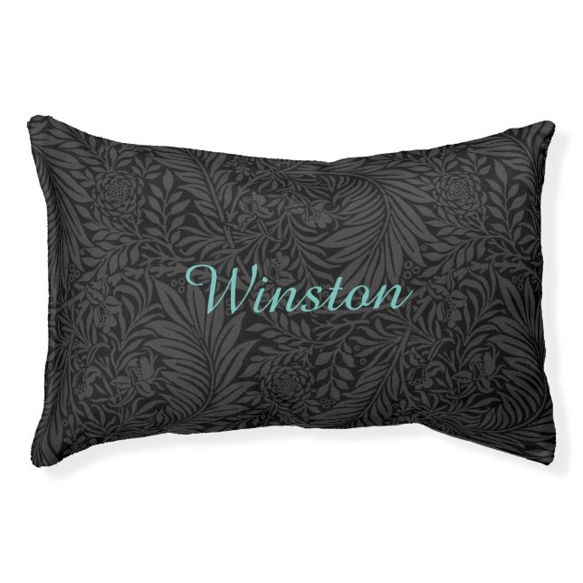 Custom Pet Name Black Botanical Teal Script Pet Bed (Front)