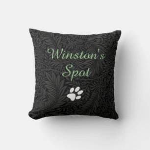 Custom Pet Name Black Floral Green Script Throw Pillow