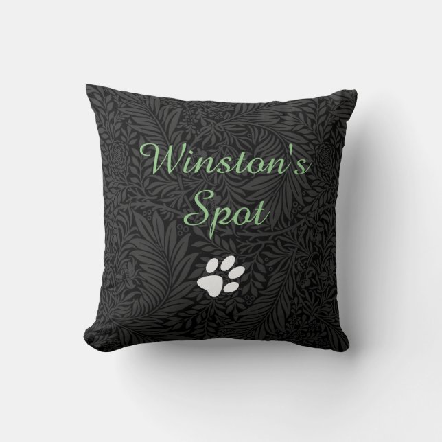 Custom Pet Name Black Floral Green Script Throw Pillow (Front)