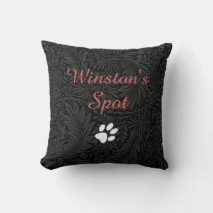 Custom Pet Name Black Floral Red Script Throw Pillow