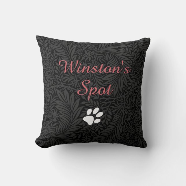 Custom Pet Name Black Floral Red Script  Throw Pillow (Front)