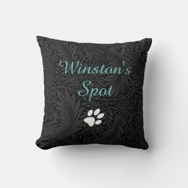 Custom Pet Name Black Floral Teal Script Throw Pillow (Front)