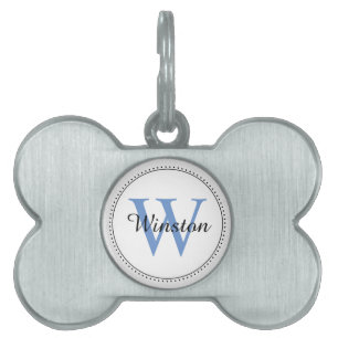 Custom Pet Name Blue Monogram White ID Tag