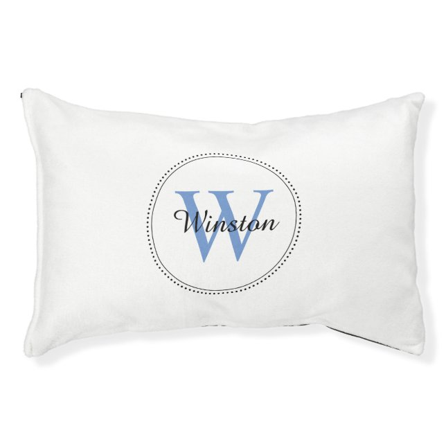 Custom Pet Name Blue Monogram White Pet Bed (Front)