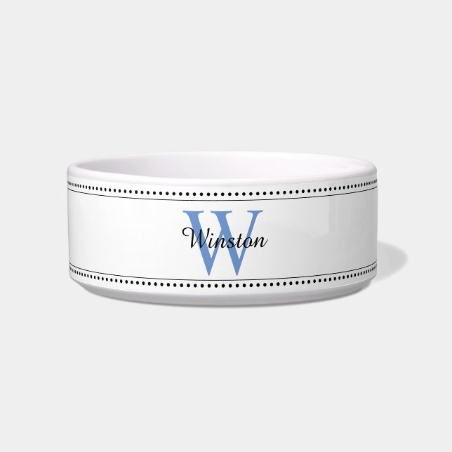 Custom Pet Name Blue Monogram White Pet Bowl (Front)