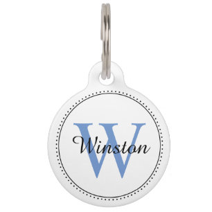 Custom Pet Name Blue Monogram White Pet ID Tag