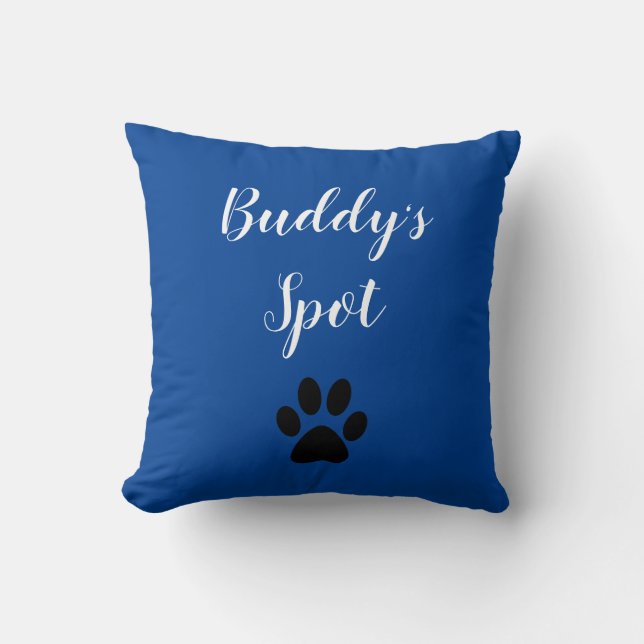 Custom Pet Name Dog Paw Print Blue Throw Pillow (Front)