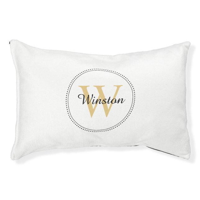 Custom Pet Name Gold Monogram White Bed (Front)