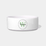 Custom Pet Name Green Monogram White Pet Bowl<br><div class="desc">Custom Pet Name Green Monogram White Pet Bowl.</div>