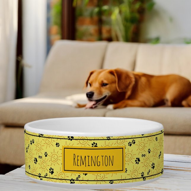 Custom Pet Name Hand Drawn Sunshine Paws Bowl (front template name pet bowl)