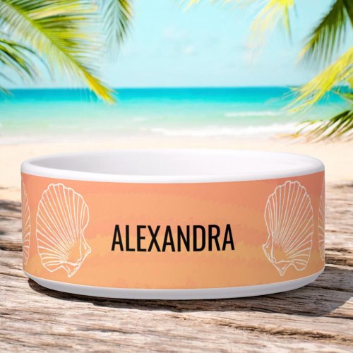 Custom Pet Name Orange Beach Sea Shells Bowl