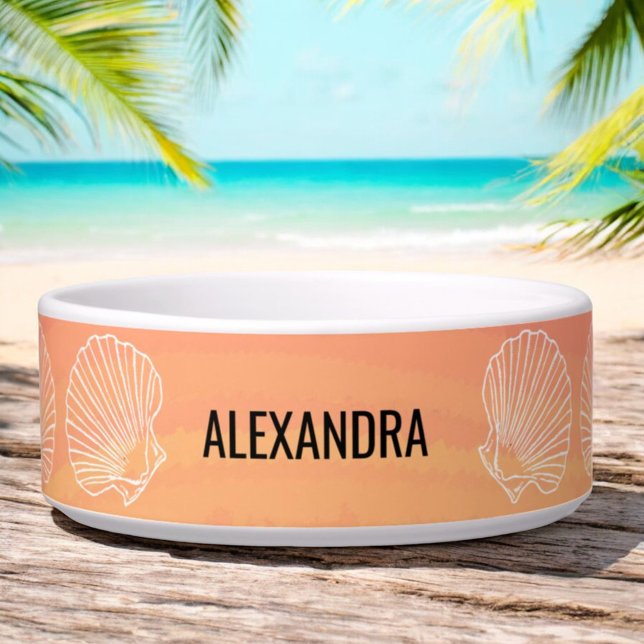 Custom Pet Name Orange Beach Sea Shells Bowl (custom pet bowl front)
