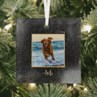 Custom Pet Name Photo Black Botanical 