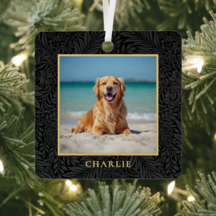 Custom Pet Name Photo Botanical Holiday Metal Ornament