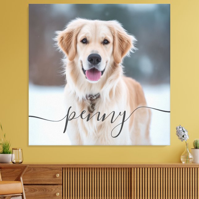 Custom Pet Name Photo Elegant Script Dog Canvas Print (Insitu(LivingRoom))