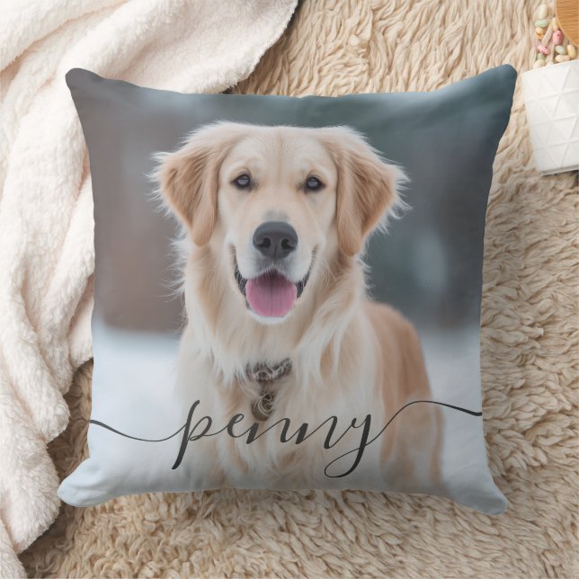 Custom Pet Name Photo Elegant Script Dog Throw Pillow (Blanket)