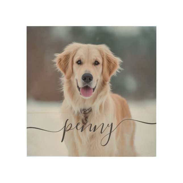 Custom Pet Name Photo Elegant Script Dog Wood Wall Art (Front)