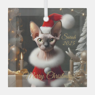 Custom Pet Name Photo Sphynx Cat Christmas 2025 Glass Ornament