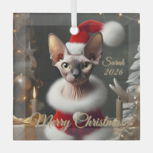 Custom Pet Name Photo Sphynx Cat Christmas 2025 Glass Ornament