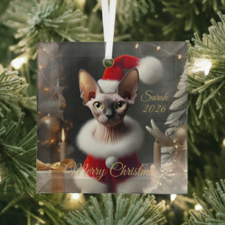 Custom Pet Name Photo Sphynx Cat Christmas 2026 Glass Ornament