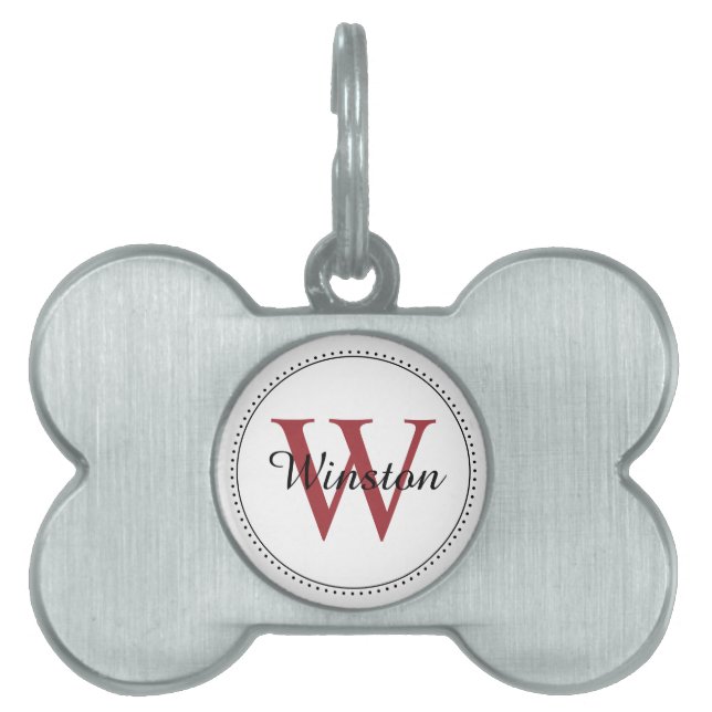 Custom Pet Name Red Monogram White ID Tag (Front)