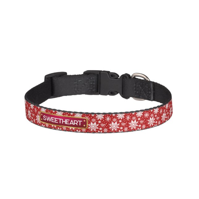 Custom Pet Name Red & White Snowflakes Pattern  Collar (Front)