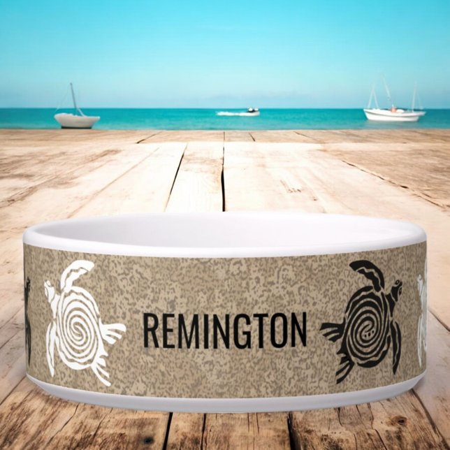 Custom Pet Name Sandy Beach Turtles Bowl (custom pet bowl front)